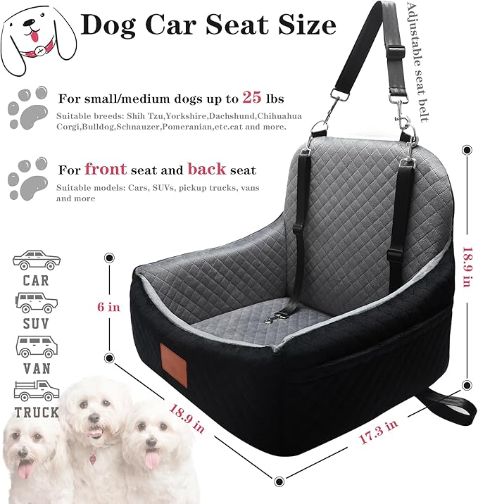 Small Dog Car Seat for Small Dogs Under 30 lbs, Memory Foam Pet Car Seat with Joint Relief & Washable Cover, Portable Travel Bed for SUV/Sedan (Black/Grey)