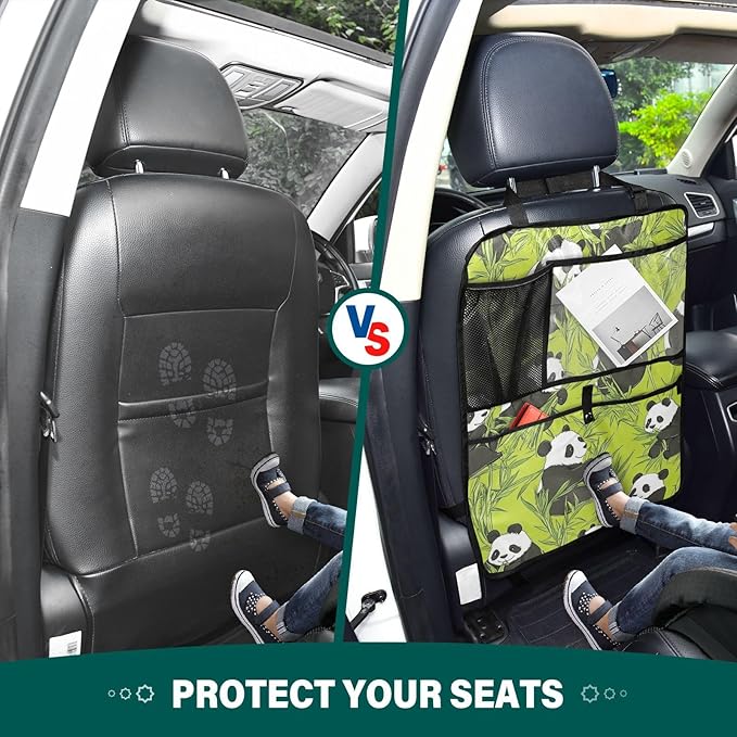 Green Panda and Bamboo 1 Pack Backseat Car Organizer with Storage Pockets Seat Back Organizers for Kids Kick Mats Backseat Protector Automotive