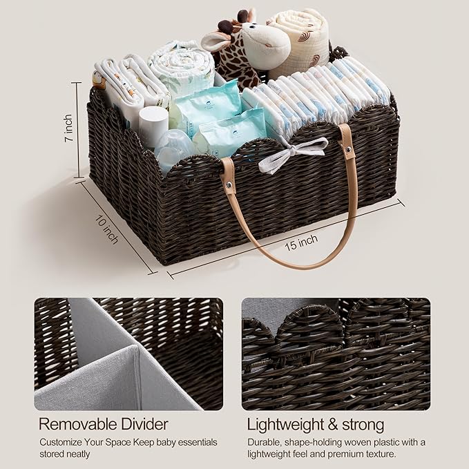 HBlife Baby Diaper Caddy Organizer, Large Portable Scalloped Plastic Wicker Woven Basket with Divider, Nursery Diaper Station, Baby Shower Gifts Basket, Car Organizer, Washable Waterproof
