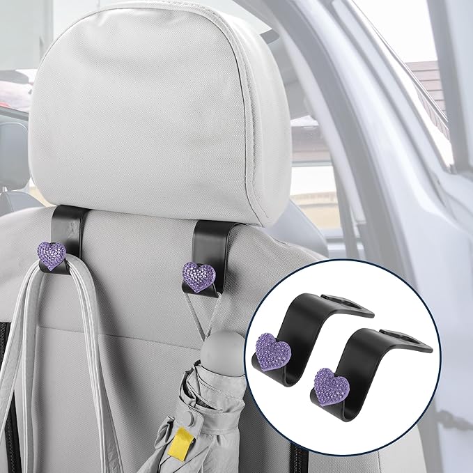 Car Seat Headrest Hook Interior Accessories for Most Car, SUV, Truck Car Seat Back Organizer Hooks Plastic Rhinestone Sturdy Purple 2.4"x1.26"
