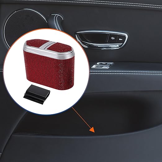 ACROPIX Car Trash Can Trash Bin Hanging 6.3" Length 2.8" Width 4.7" Height Red Black Rhinestone Plastic