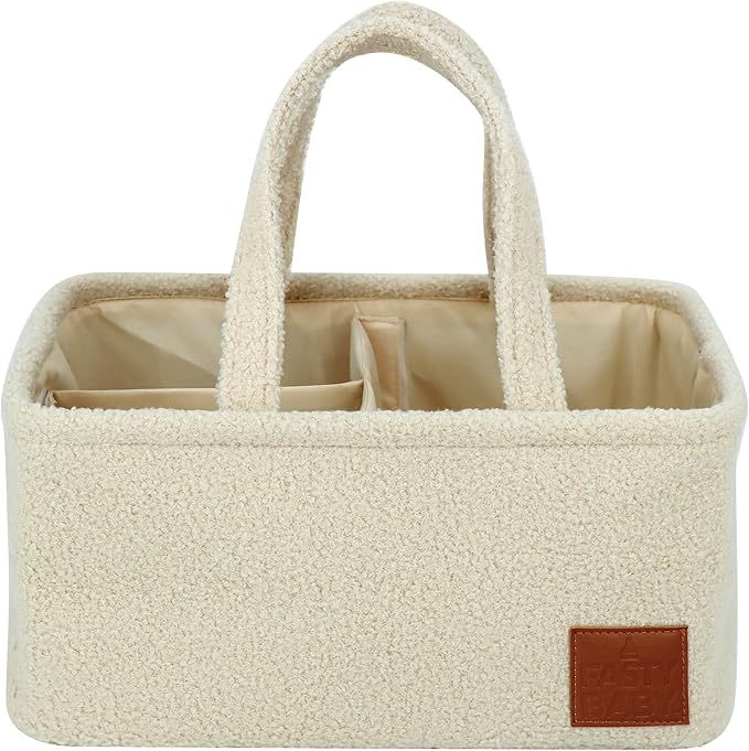 Baby Diaper Caddy Organizer: Soft Beige Teddy Wool - Portable Diaper Caddy, Car Organizer - Newborn Essentials Must Have - Nursery Storage Basket for Baby Essentials. Baby shower & Newborn Gift Idea