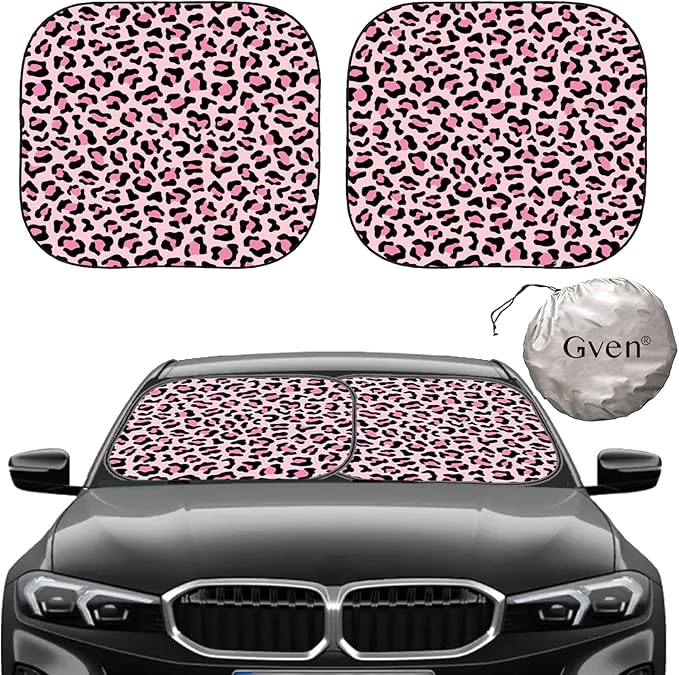 Gven Windshield Sun Shade 2pcs with Bonus Pink Car Sunshade for Front Window Shades 2025 Technology Reflect UV and Heat Sun Visor Automotive Interior Accessories Sun Protection (Pink Leopard, S)