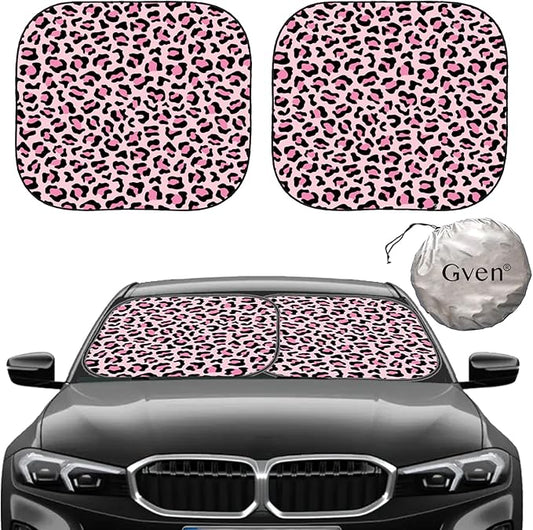 Gven Windshield Sun Shade 2pcs with Bonus Pink Car Sunshade for Front Window Shades 2025 Technology Reflect UV and Heat Sun Visor Automotive Interior Accessories Sun Protection (Pink Leopard, S)