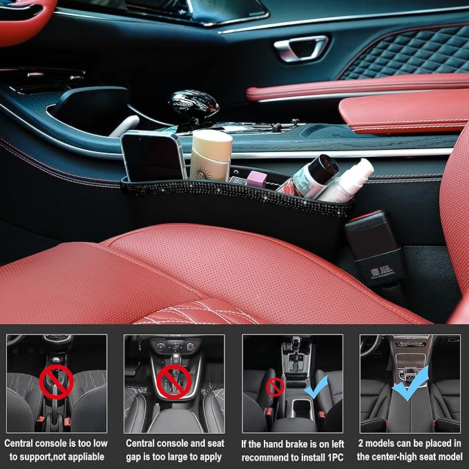 eing 2 in 1 Car Seat Gap Organizer, Front Car Seat Crevice Storage Box, Car Seat Gap Filler with Crystal Diamonds, Adjustable Storage Pocketsfor Glasses, Keys and Phones, 2 - Pack Black