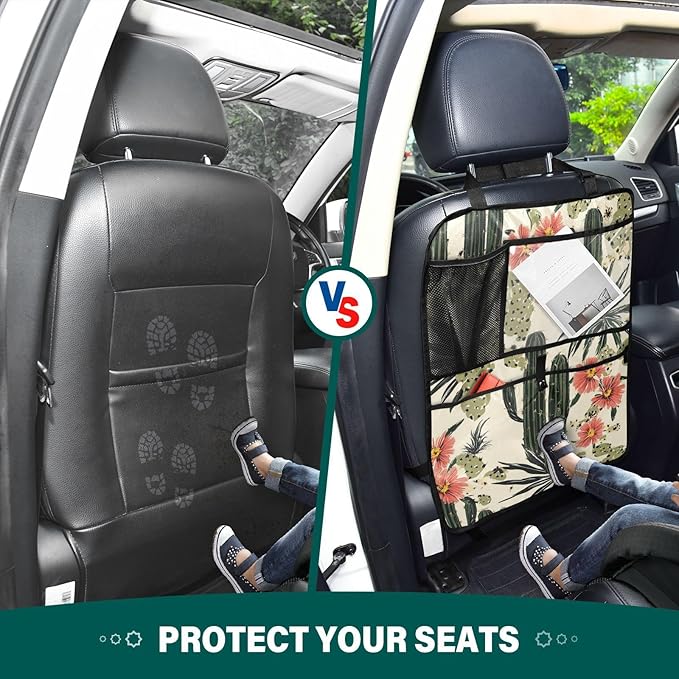 Retro Cactus Polynesia Flower 2 Pack Backseat Car Organizer with Storage Pockets Seat Back Organizers for Kids Kick Mats Backseat Protector Automotive
