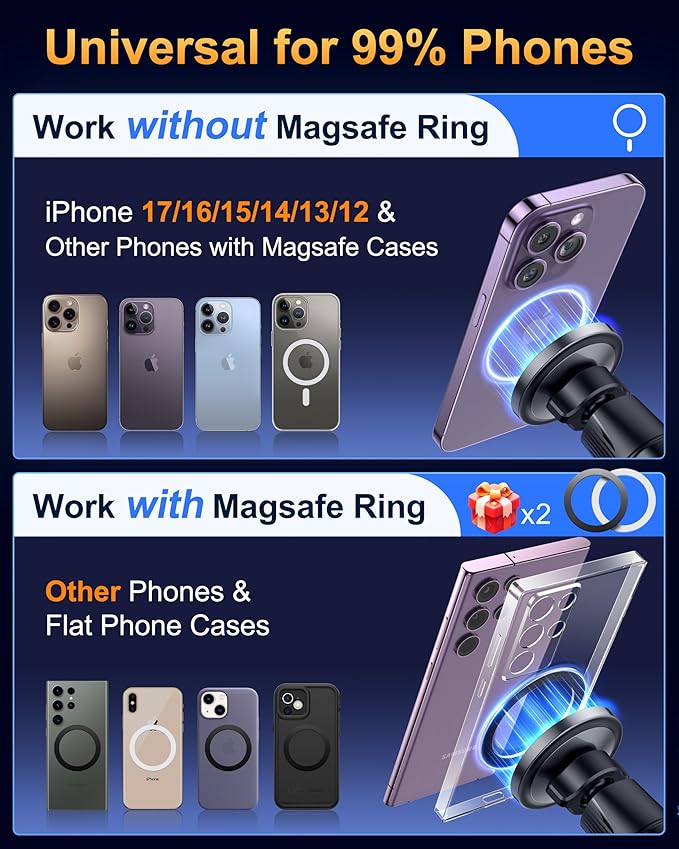 HTU [2026 True Military-Grade Magnetic Car Mount Vent [Upgraded Strongest Magnet & Metal Hook] for MagSafe Phone Holder Car for iPhone 17 16 15 14 13【Patent & Safety Cert】, Non-Charging, Misty Gray