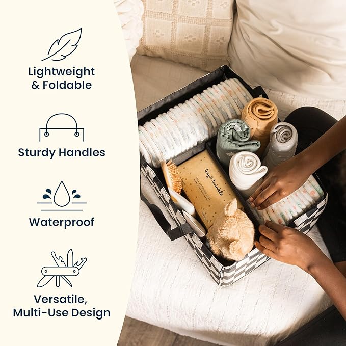 Tiny Twinkle Diaper Caddy Organizer | Foldable Baby Storage Basket with Removable Divider | Waterproof & Mess-Proof Fabric, Portable Nursery Organizer for Newborn Essentials (Black Checkers)