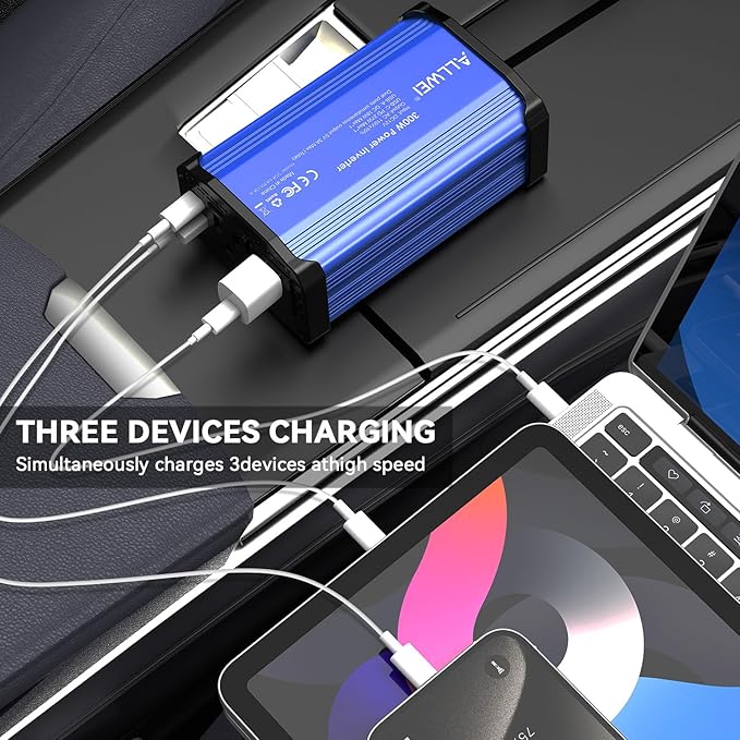 ALLWEI 300W Car Power Inverter, DC 12V to 110V AC Converter Car Plug Adapter Outlet with 27W PD USB-C & 18W USB-A Fast Charge, Car Cigarette Lighter Charger for Phone, Laptop, Tablet - Blue