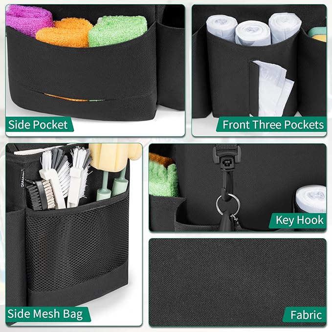 Wearable Cleaning Caddy Bag for Cleaning Supplies, Large Capacity Cleaning Organizer Tote Bag Kitchen Cleaning Supplies Storage Bag for Cleaners Housekeepers (Black)