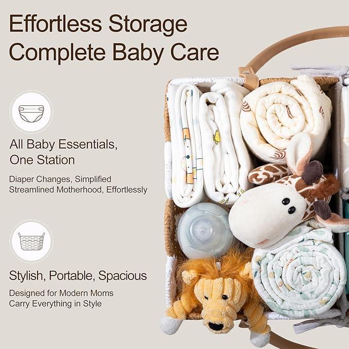 HBlife Baby Diaper Caddy, Paper Rope Storage Baskets Nursery Bin with Removable Divider, Portable Car Organizer for Diapers, Baby Shower Gifts, Newborn Essentials Must Haves