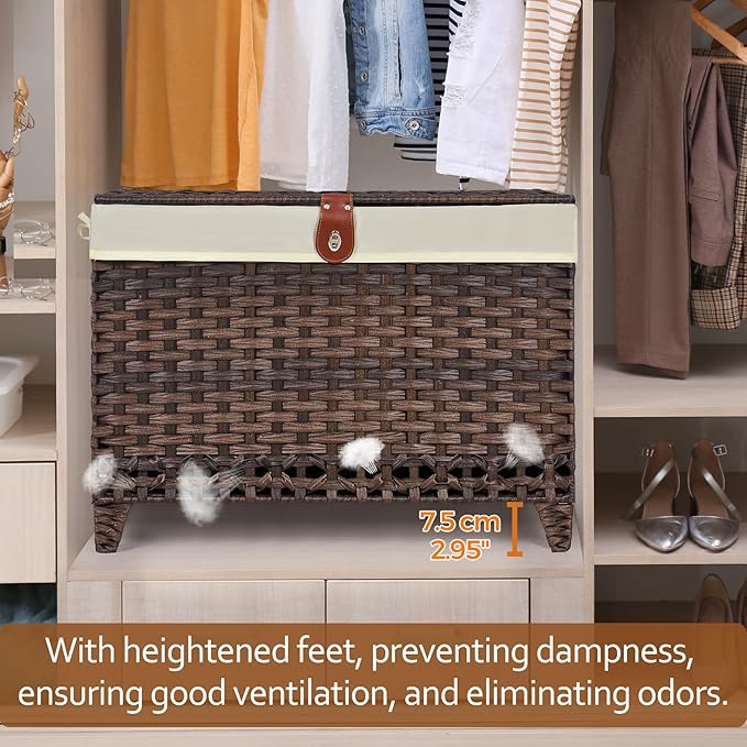 Honjourai Wicker Storage Basket with Lid,Rattan Shelf Basket with Removable Liner Bag,200L Storage Bin,Storage Trunk with Heightened Feet,Storage Container for Wardrobe,Home Organizer