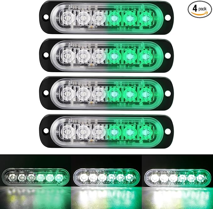 SEISSO 4-Pack 6 LED Sync Feature Strobe Lights Vehicles Trucks Emergency Lights Kit 12V -24V Warning Hazard Flash Lights Grill Grille Surface Mount Super Bright Waterproof, Green/White