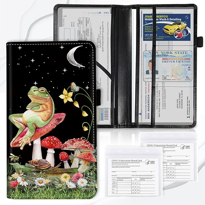 Car Registration and Insurance Card Holder, Premium PU Leather Vehicle Wallet Cover for Glove Box Car Organizer Drivers License/Cards/ID Essentials Document Holder, Aesthetic Mushroom Frog