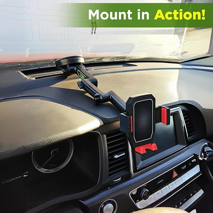 Cell Phone Mount for Truck Phone Holder for Truck Drivers - Heavy Duty Suction Cup + Dashboard Pad, iPhone Holder for Dashboard Window 16.9 inch Long, for iPhone & Samsung, Big Rig Trucker, Red