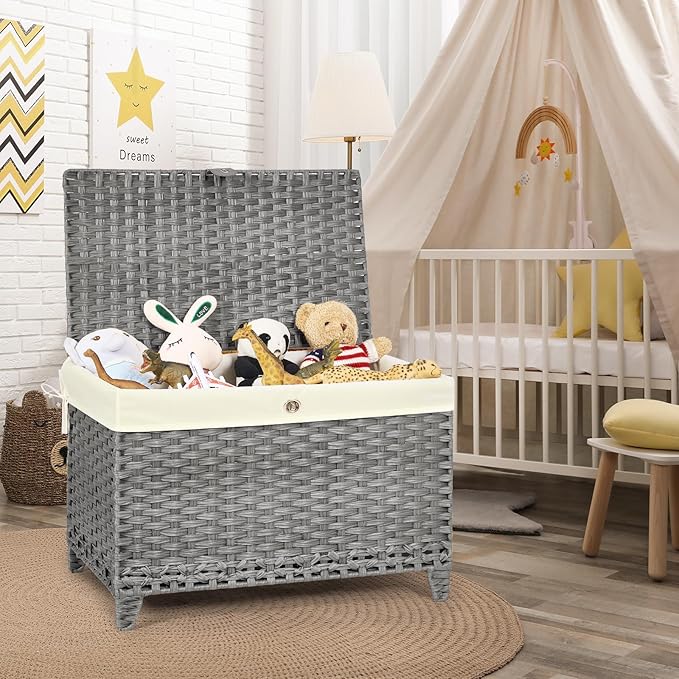 Honjourai Wicker Storage Basket with Lid,Rattan Shelf Basket with Removable Liner Bag,200L Storage Bin,Storage Trunk with Heightened Feet,Storage Container for Wardrobe,Home Organizer