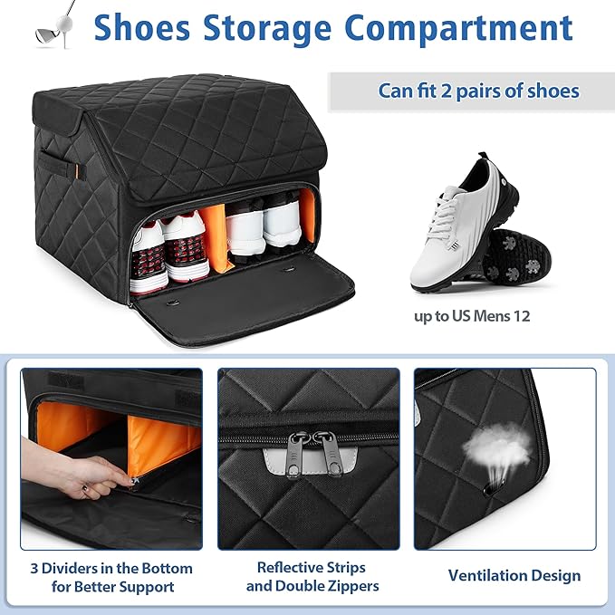 Upgraded Golf Trunk Organizer, Golf Car Organizer with Separate Ventilated Compartment for 2 Pair Shoes, Golf Storage with Multi-Compartment for Golf Accessories, Gifts for Golfers