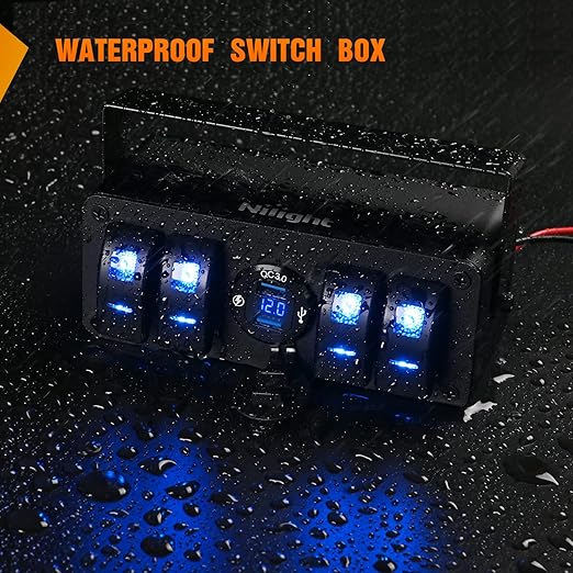 Nilight 4 Gang Rocker Switch Box 12V SPST ON Off Switch QC 3.0 USB Charger Voltmeter Waterproof Aluminum Rocker Switch Panel Night Glow Stickers for Boats Cars RVs Trucks, 2 Years Warranty,Blue