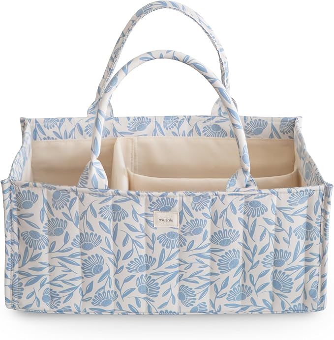 mushie Baby Diaper Caddy | Newborn Essentials Organizer for Diaper Changing Station (Blue Flowers)