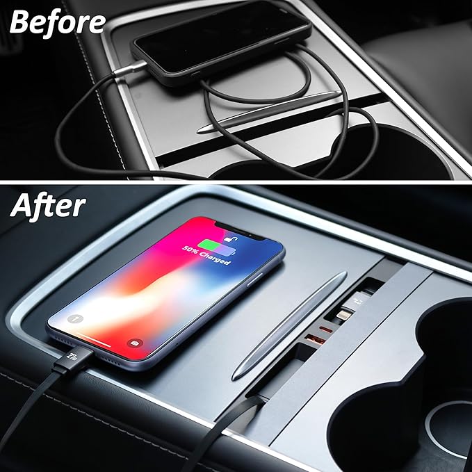 Car USB Hub Charger for Tesla Center Console with Fast Charging Retractable Cables Phone Charger Docking Station Accessories (Model Y 21-24 & Model 3 21-23)