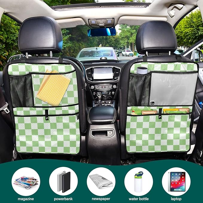 Checkered Light Green 2 Pack Backseat Car Organizer with Storage Pockets Seat Back Organizers for Kids Kick Mats Backseat Protector Automotive
