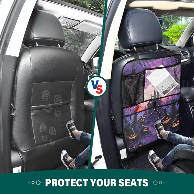 Purple Halloween Bat Pumpkin 1 Pack Backseat Car Organizer with Storage Pockets Seat Back Organizers for Kids Kick Mats Backseat Protector Automotive