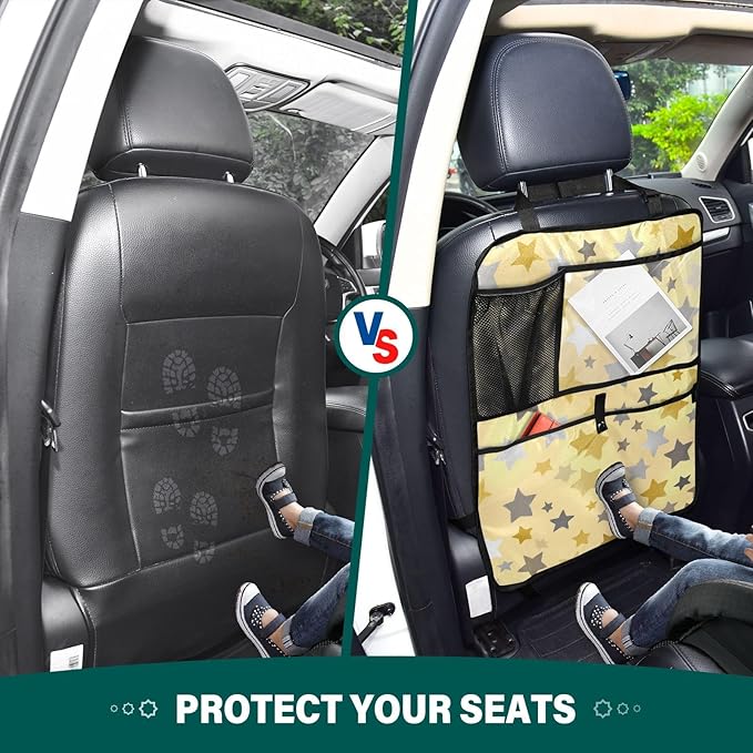 1 Pack Back Seat Car Organizer with Storage Pockets Kick Mats Back Seat Protector Hanging Car Organizer Automotive Seat Back Cover Organizers Cute Silver and Golden Stars