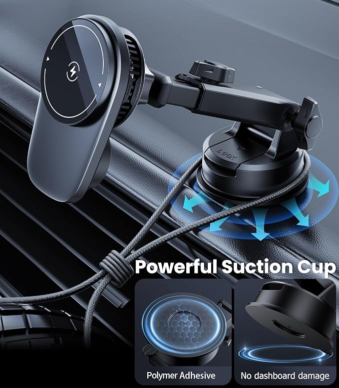 Wireless Magnetic Car Phone Holder Mount with Cooling Fan & RGB Lights, 15W Fast Charging Auto-Rotate Suction Cup Charger for iPhone 17/16/15/14/13 S25 Samsung, Car Dashboard/Windshield Mount