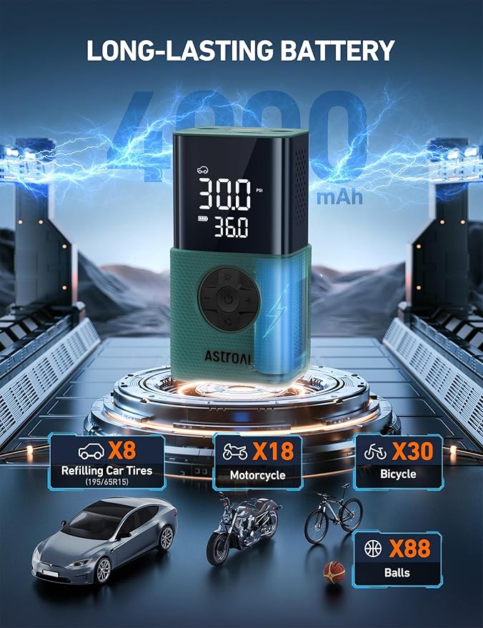 AstroAI Tire Inflator L7S Portable Air Compressor Cordless Bike Pump with Digital Dual Values Display, 150 PSI Car Tires Pump with LED Lights Air Pump for Cars, Motorcycles, Bikes, Balls Green