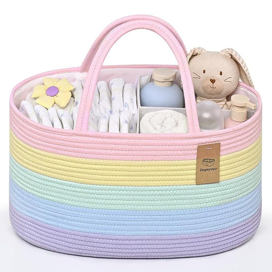 19L Baby Diaper Caddy Organizer, 16.8"x9.8"x9" Cotton Rope Diaper Basket, Changing Table Storage Caddy With Removable Divider, Baby Basket for Nursery, Car, Diapers, Baby Shower Gifts for Newborn