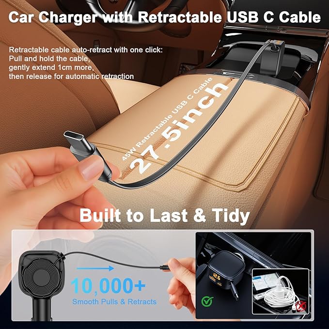 Retractable Car Charger USB C, 93W Fast Charging Car Charger Adapter with Voltage Display, [QC3.0 & PD 45W] 12-24V Cigarette Lighter USB Charger Adapter for iPhone 17 16 Galaxy iPad Android