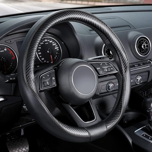 SEG Direct Car Steering Wheel Cover Small-Size for Prius Civic Model 3 Model Y Camaro Rogue with 14"-14 1/4" Outer Diameter Leather with Carbon Fiber Pattern Black