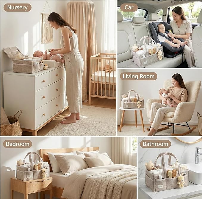 PeraBella Baby Diaper Caddy Organizer, XL Baby Basket Shower Gift Caddy, Portable Felt Changing Table Basket, Nursery Storage Bin, Newborn Boy and Girl Essentials for Registry, Car Diaper Organizer