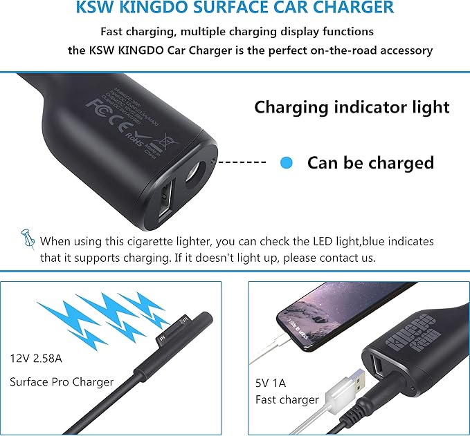 Surface Pro Car Charger Surface Laptop Car Charger,36W 12V 2.58A Power Supply for Microsoft Surface Pro 3/4/5/6/Book/Go,Surface Pro 9,Surface Laptop car charger with USB 2.0 Port(5Ft Cord)&Travel Case