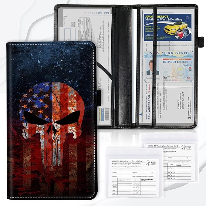 Car Registration and Insurance Card Holder, Premium Leather Vehicle Wallet Cover for Glove Box Car Organizer Drivers License/Cards/ID - Essentials Document Holder, Death Skull American Flag