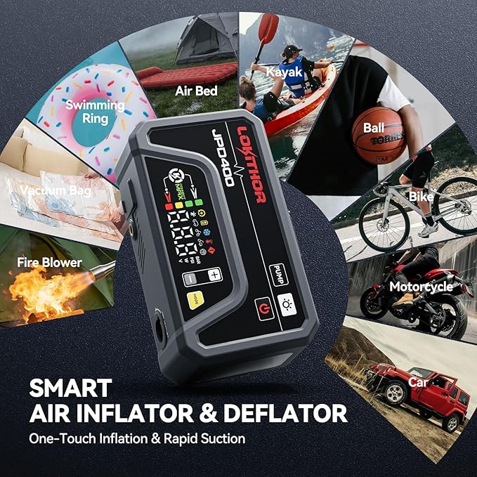LOKITHOR JPD400 Jump Starter with Air Compressor and Deflator, 3000A Car Battery Jump Starter (9.0L Gas/7.0L Diesel) Jump Box with 150PSI Tire Inflator, 10000mAh Power Bank, LED Light, Jumper Cables