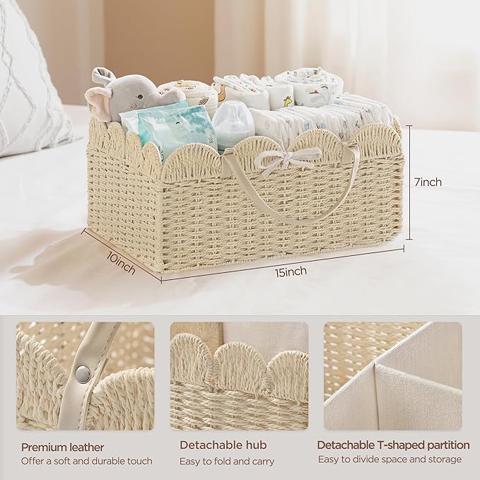 HBlife Large Baby Diaper Caddy, Paper Rope Storage Baskets Nursery Bin with Removable Divider, Portable Car Organizer for Diapers, Baby Shower Gifts, Newborn Essentials Must Haves