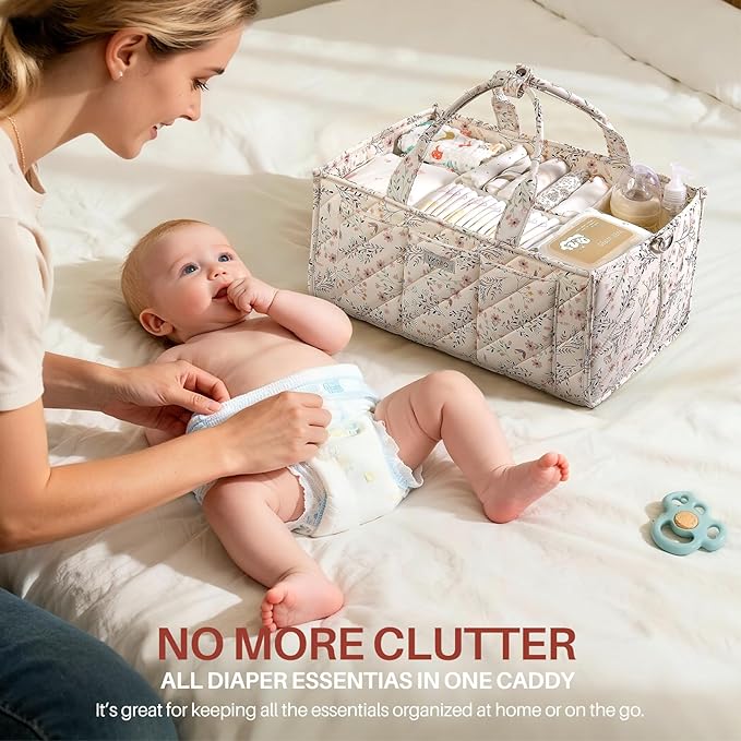 Extra Large Diaper Caddy Organizer – Big Baby Essentials Nursery Storage Basket with Zipper Pocket & Shoulder Strap, Splashproof Travel Tote for Twins, Gifts for Baby Shower, Beige Floral