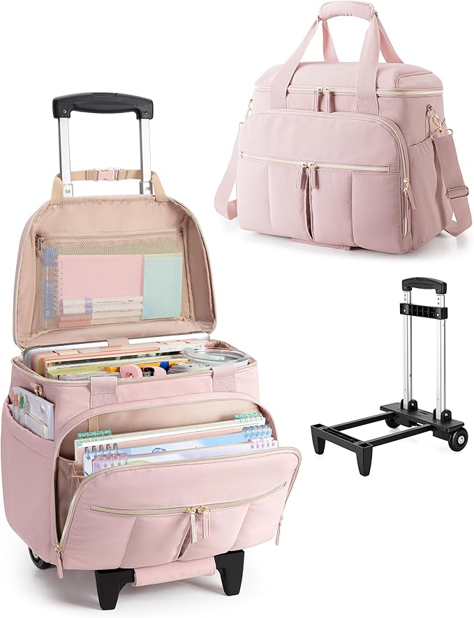 Marscamd Rolling Teacher Bag with Accordion File Organizer & 15.6" Laptop Compartment, Wheeled Work Briefcase Tote with Detachable Trolley & Crossbody Strap for Women, Pink