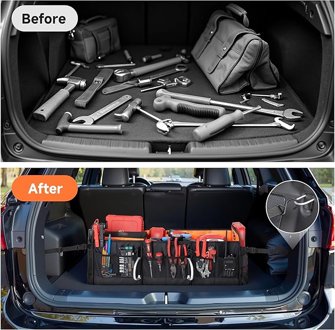 StorageWorks Trunk Organizer for SUV, Multi-Compartment Car Trunk Organizer, Car Organizer and storage with Aluminum Alloy Handle, Large, Black and Orange, 1-Pack