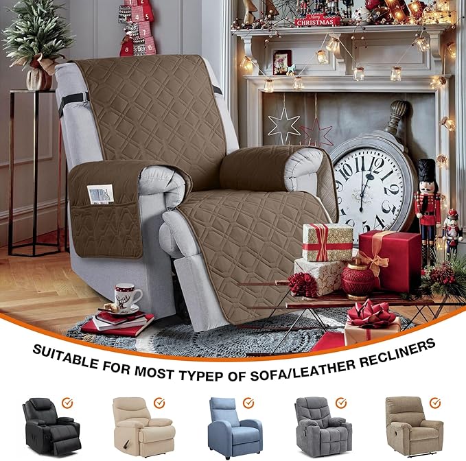 VANSOFY 100% Waterproof Recliner Chair Covers, Recliner Cover Non-Slip Dog Chair Cover Furniture Protector Washable Slipcover with Pocket, Elastic Straps for Pets, Dogs(Brown, 22")