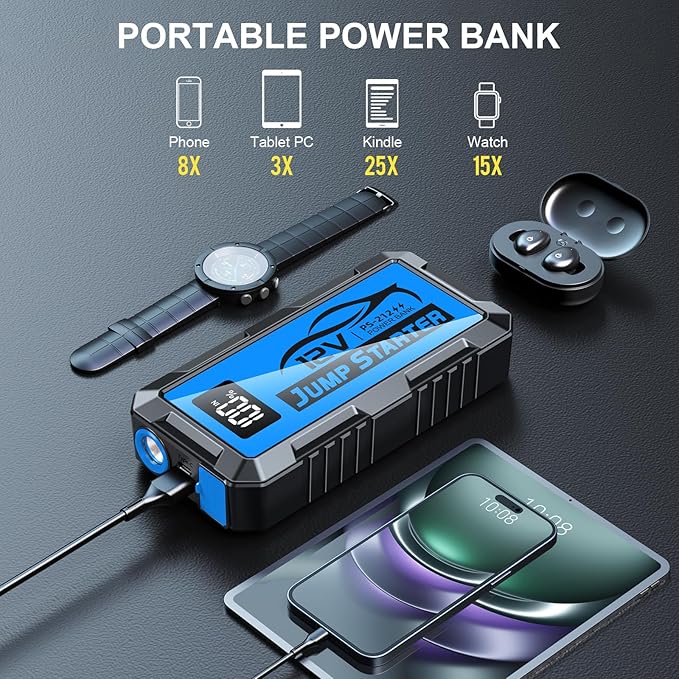 8000A Car Jump Starter, 12V Jump Starter Battery Pack (All Gas,up to 10.0L Diesel Engine) Jumper Cables Portable Lithium Jump Box, USB Output and LED Light
