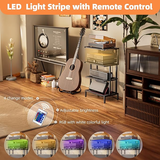 Aquzee Game Console Shelf, 4-Tier Video Gaming Consoles Stand with Outlet & RGB Light, Small Media Entertainment Center for Audio Stereo Storage Organizer Playroom Furniture, Stereo Stands and Racks