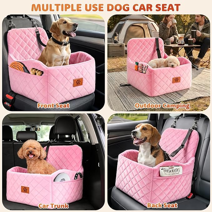 Dog Car Seat for Small Medium Dogs, Dog Booster Seat with Thick Comfort Foam for Pets Up to 35 lbs, Washable & Detachable Pet Car Seat with Storage Pockets - Pink