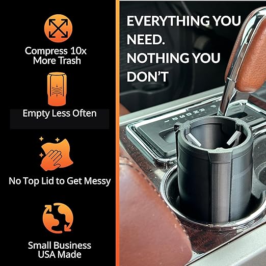 Trash Trapper Mini Car Trash Container – Frees Your Cupholder, Traps More & Empties Less with Patent-Pending Compaction, Holds Weeks of Small Trash, Portable for Car, Stroller & Travel, Black/Grey