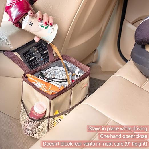 Creathing Leakproof Car Trash Can [2 Gal] Universal Garbage Bin for Cars, Trucks, SUVs | Securely Mounts on Floor, Console, or Seat (Beige)
