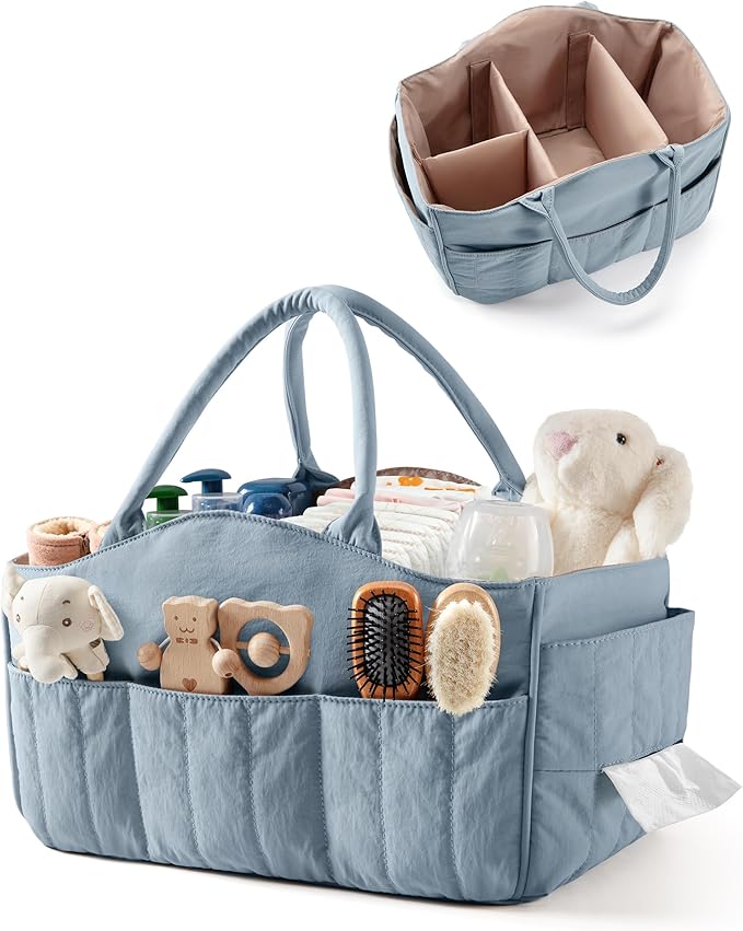Quilted Baby Diaper Caddy with Detachable Dividers and Wipes Pocket, Lightweight Baby Caddy Organizer with Handles and 8 Pockets for Baby Stuff, Dusty Blue