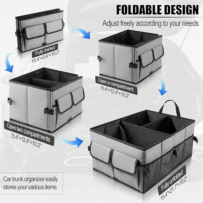 UYYE Auto Collapsible Trunk Organizer, 3 Large Compartments and 6 Pockets Durable for Cargo Storage, Easy to Storage Tools With Adjustable Securing Straps and Non-Slip Bottom for Car (Grey)