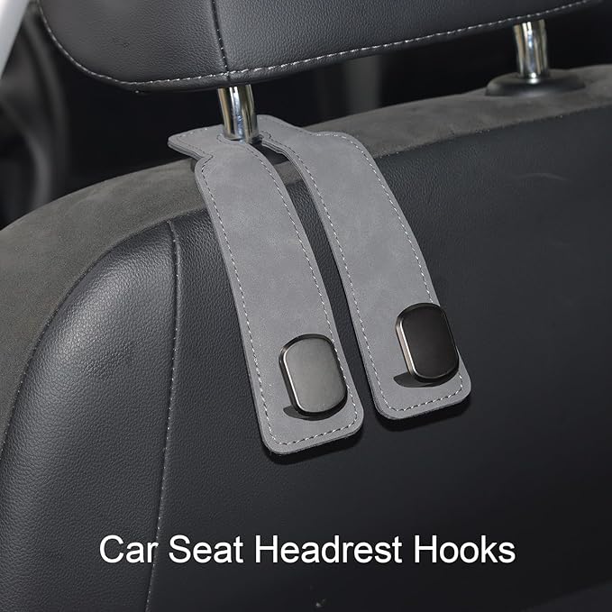 Car Seat Hooks for Headrest, Car Purse Hook & Back Storage Hook, Zinc Alloy & Suede Material Heavy Duty Car Hooks for Purses and Bags,Universal Fit for Most Vehicles ((Grey-2 Pack)