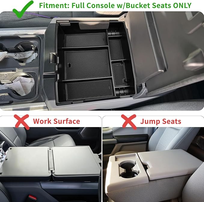 Zxiaochun Center Console Organizer for 2023 2024 2025 2026 Ford F250 F350 F450 F550 Super Duty, Plastic Armrest Storage Box Tray, ABS Material with Non-Slip Mats (Full Console w/Bucket Seats ONLY)